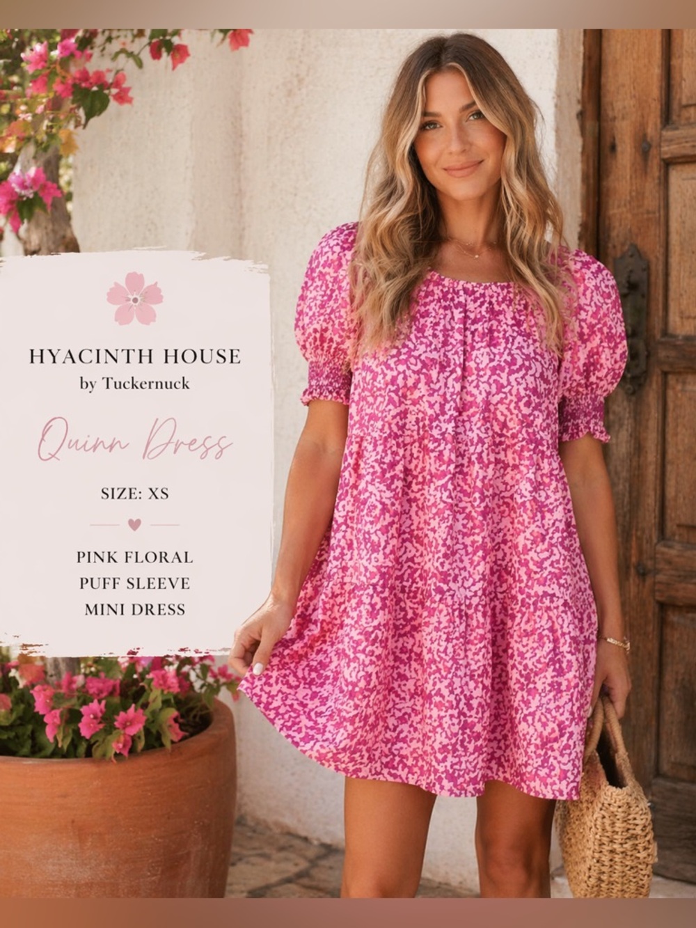 Hyacinth House by Tuckernuck Pink Floral Quinn Dress XS Puff Sleeve Mini Boho